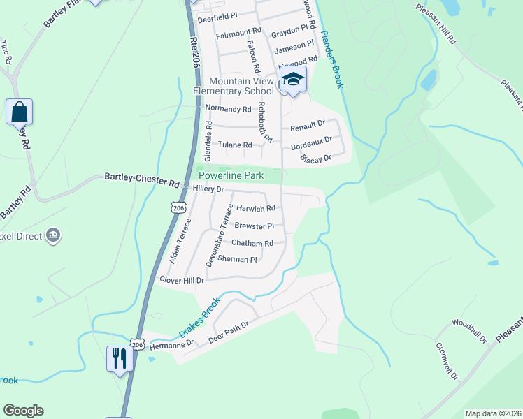 map of restaurants, bars, coffee shops, grocery stores, and more near 14 Harwich Road in Mount Olive
