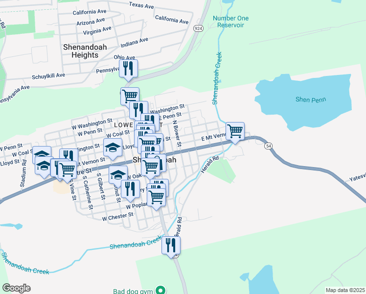 map of restaurants, bars, coffee shops, grocery stores, and more near 207 East Centre Street in Shenandoah
