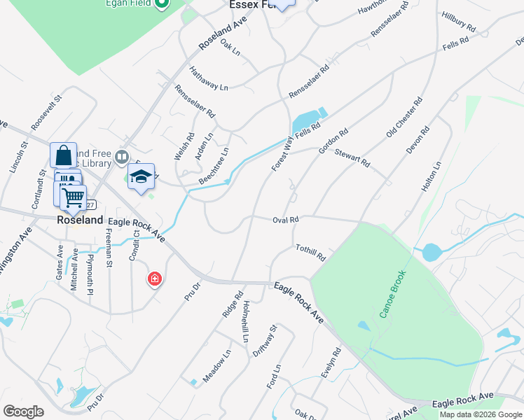 map of restaurants, bars, coffee shops, grocery stores, and more near 57 Oval Road in Essex Fells