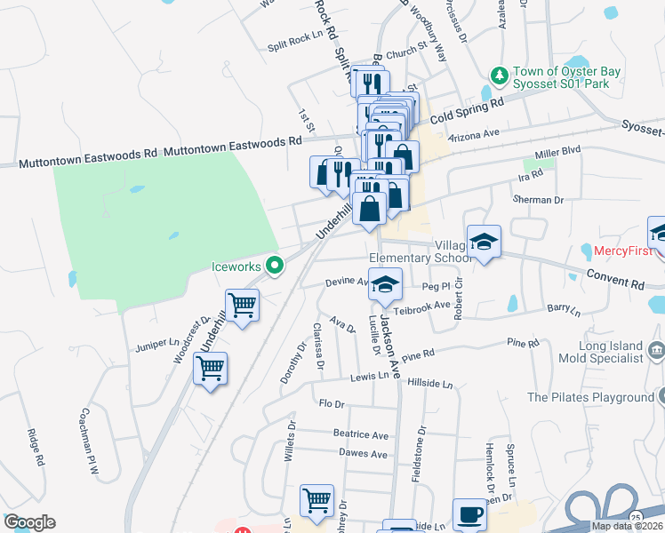 map of restaurants, bars, coffee shops, grocery stores, and more near 34 Devine Avenue in Syosset