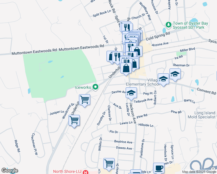 map of restaurants, bars, coffee shops, grocery stores, and more near 34 Devine Avenue in Syosset