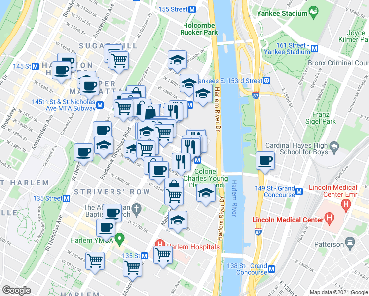 map of restaurants, bars, coffee shops, grocery stores, and more near 128 West 145th Street in New York