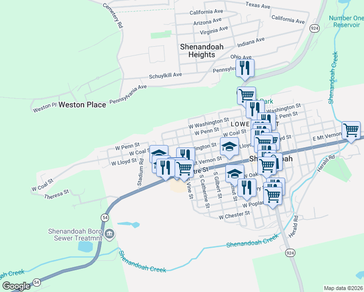 map of restaurants, bars, coffee shops, grocery stores, and more near 612 West Coal Street in Shenandoah