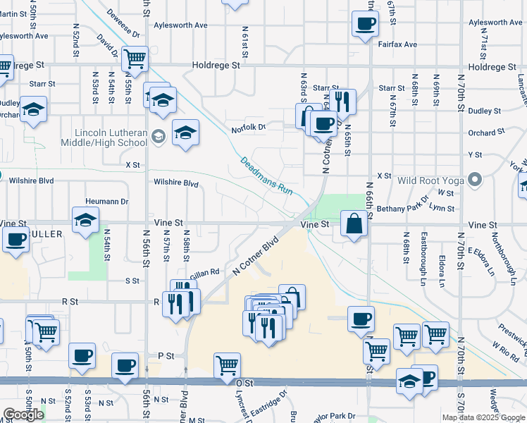 map of restaurants, bars, coffee shops, grocery stores, and more near 6100 Vine Street in Lincoln