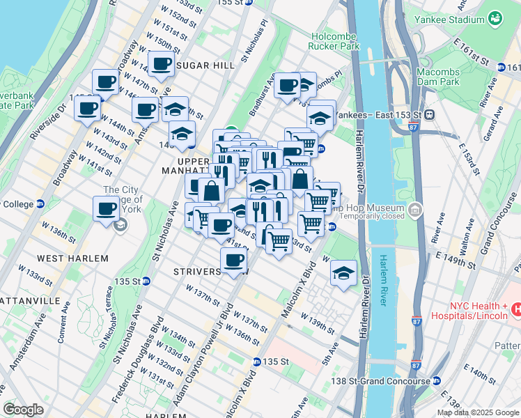 map of restaurants, bars, coffee shops, grocery stores, and more near 244 West 144th Street in New York