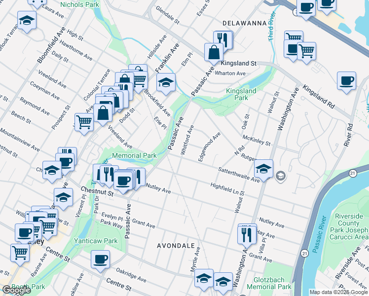 map of restaurants, bars, coffee shops, grocery stores, and more near 238 Satterthwaite Avenue in Nutley