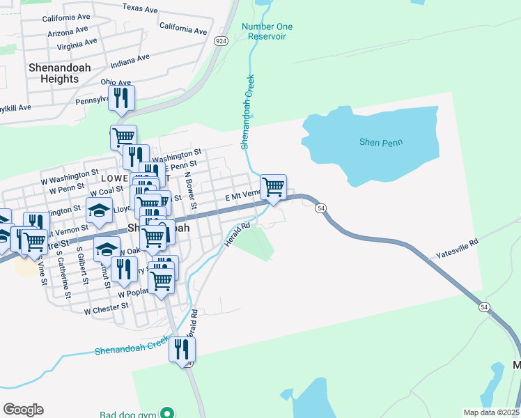 map of restaurants, bars, coffee shops, grocery stores, and more near 508 East Centre Street in Shenandoah