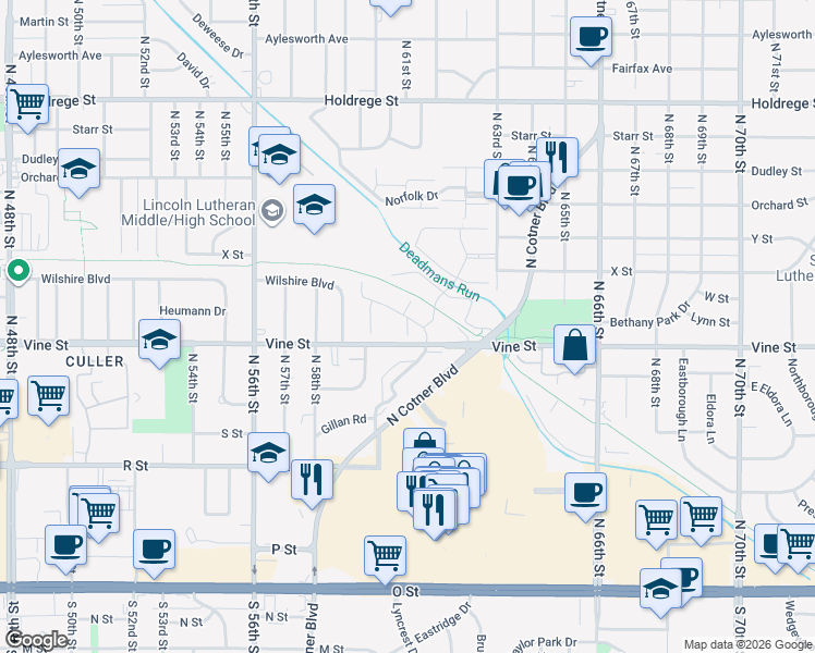 map of restaurants, bars, coffee shops, grocery stores, and more near 6100 Vine Street in Lincoln