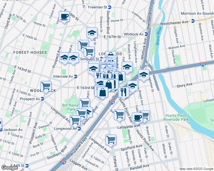 map of restaurants, bars, coffee shops, grocery stores, and more near in The Bronx