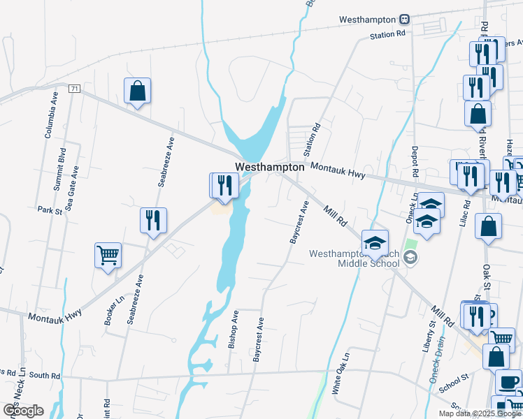 map of restaurants, bars, coffee shops, grocery stores, and more near 415 Mill Road in Westhampton