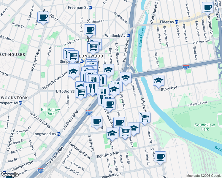 map of restaurants, bars, coffee shops, grocery stores, and more near 1000 Bruckner Boulevard in The Bronx