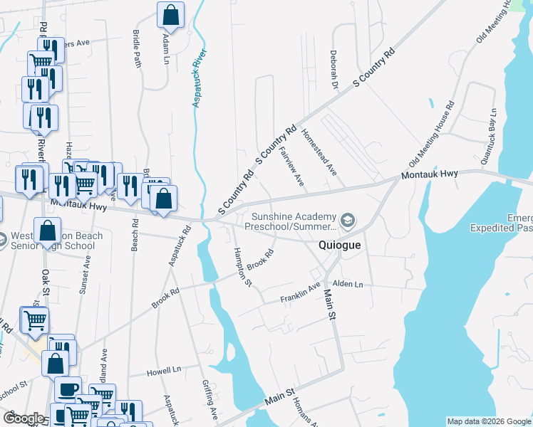 map of restaurants, bars, coffee shops, grocery stores, and more near 11 John Street in Westhampton Beach