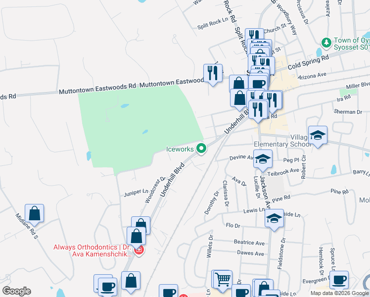 map of restaurants, bars, coffee shops, grocery stores, and more near 240 Willis Avenue in Syosset