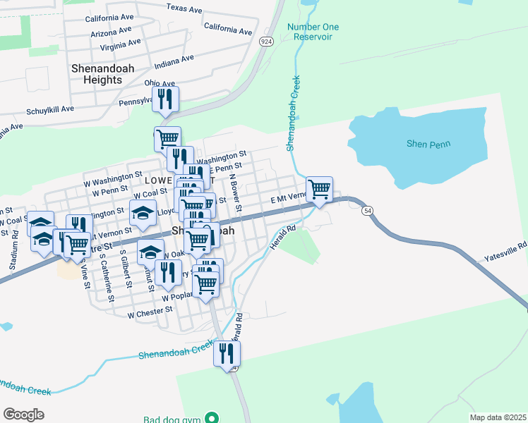 map of restaurants, bars, coffee shops, grocery stores, and more near 307 East Centre Street in Shenandoah