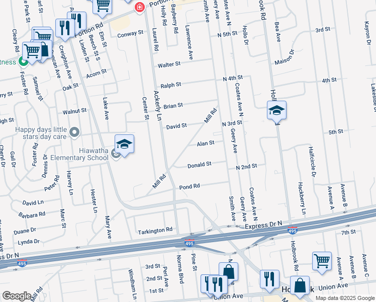 map of restaurants, bars, coffee shops, grocery stores, and more near 201 Mill Road in Holbrook