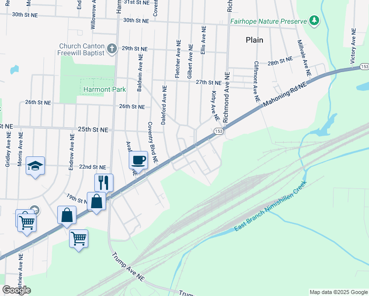 map of restaurants, bars, coffee shops, grocery stores, and more near 3811 Mahoning Road Northeast in Canton