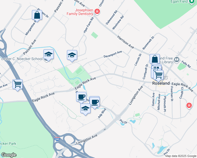 map of restaurants, bars, coffee shops, grocery stores, and more near 275 Eagle Rock Avenue in Roseland