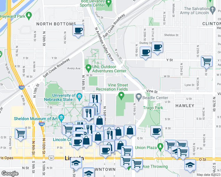map of restaurants, bars, coffee shops, grocery stores, and more near 1600 Vine Street in Lincoln