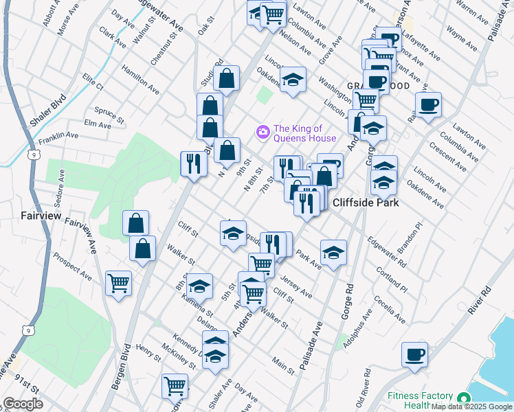 map of restaurants, bars, coffee shops, grocery stores, and more near 408 7th Street in Fairview