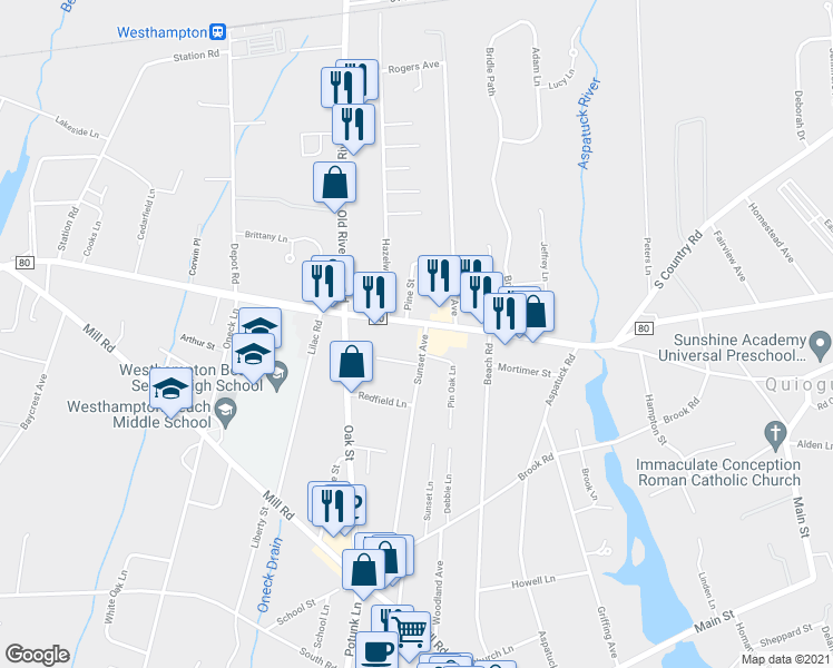 map of restaurants, bars, coffee shops, grocery stores, and more near 183 Montauk Highway in Westhampton Beach