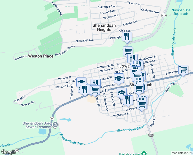 map of restaurants, bars, coffee shops, grocery stores, and more near 514 West Coal Street in Shenandoah