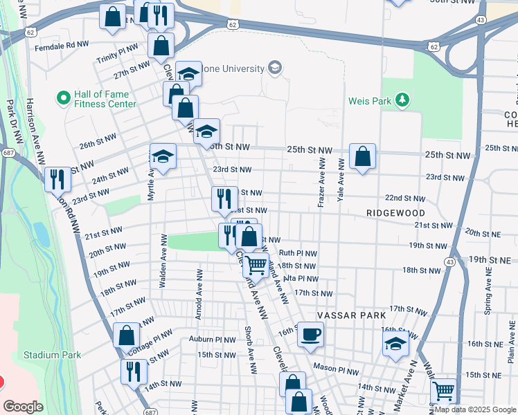 map of restaurants, bars, coffee shops, grocery stores, and more near 710 21st Street Northwest in Canton