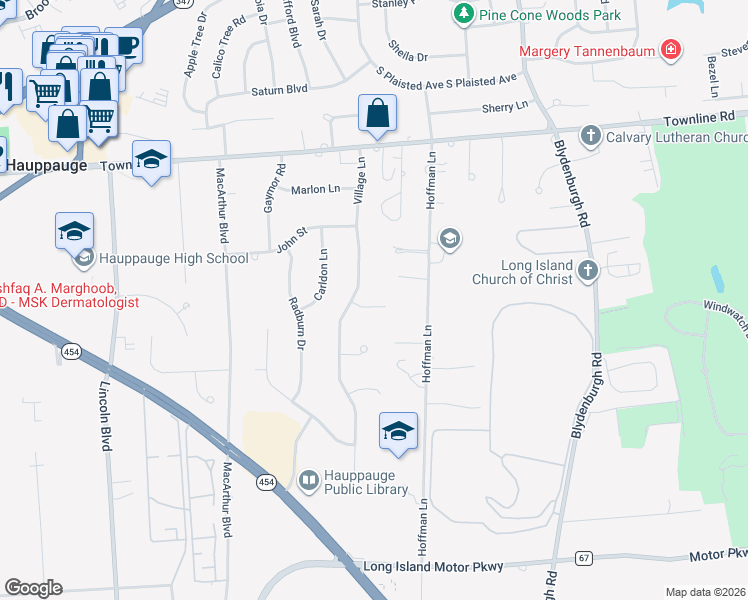 map of restaurants, bars, coffee shops, grocery stores, and more near 11 Slope Lane in Hauppauge