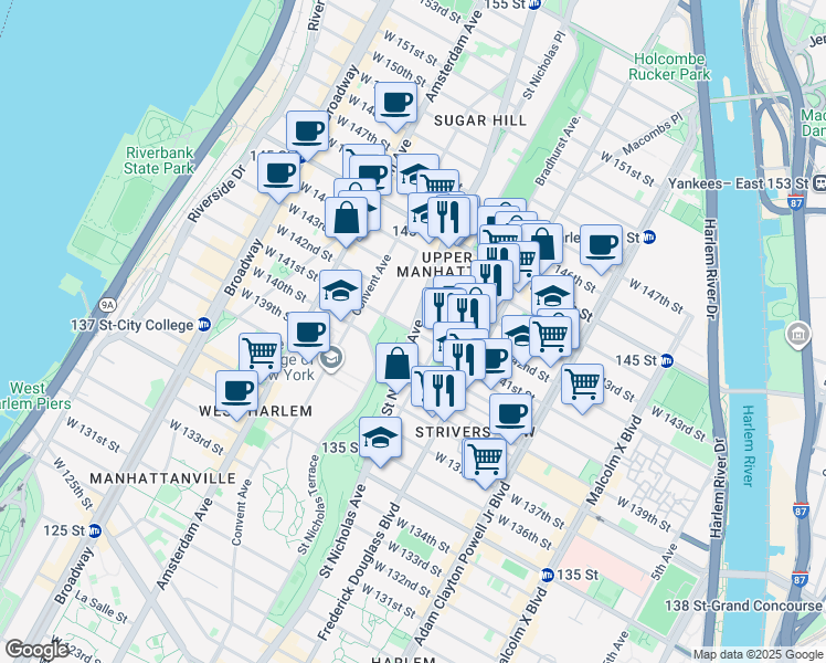 map of restaurants, bars, coffee shops, grocery stores, and more near St Nicholas Ave & W 141st St in New York