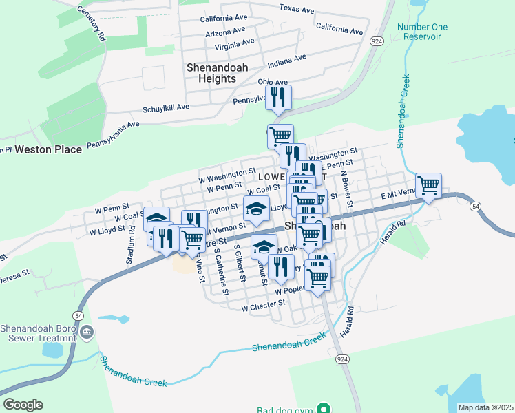 map of restaurants, bars, coffee shops, grocery stores, and more near 225 West Lloyd Street in Shenandoah