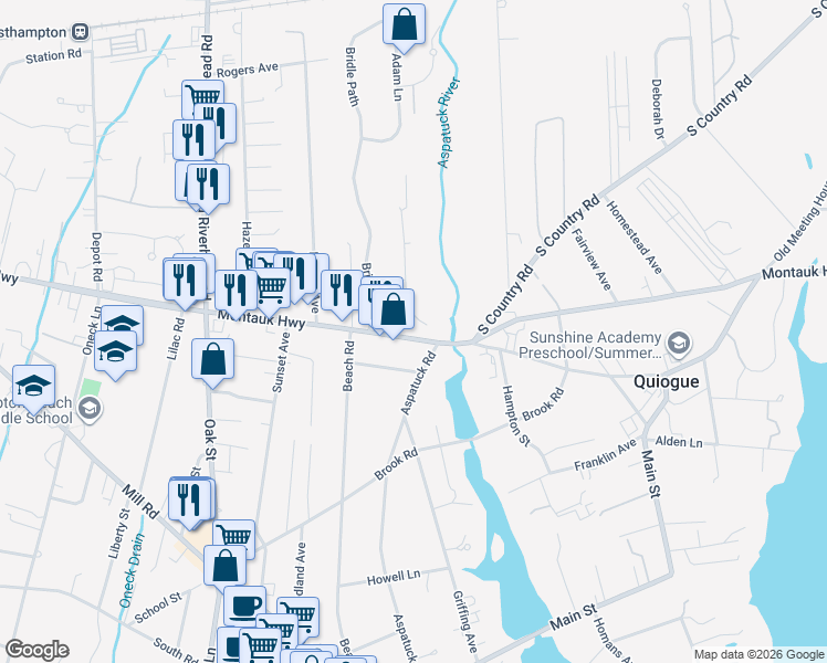 map of restaurants, bars, coffee shops, grocery stores, and more near 310 County Road 80 in Westhampton Beach