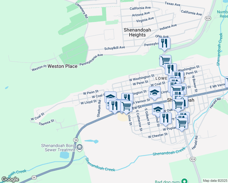map of restaurants, bars, coffee shops, grocery stores, and more near 645 West Coal Street in Shenandoah