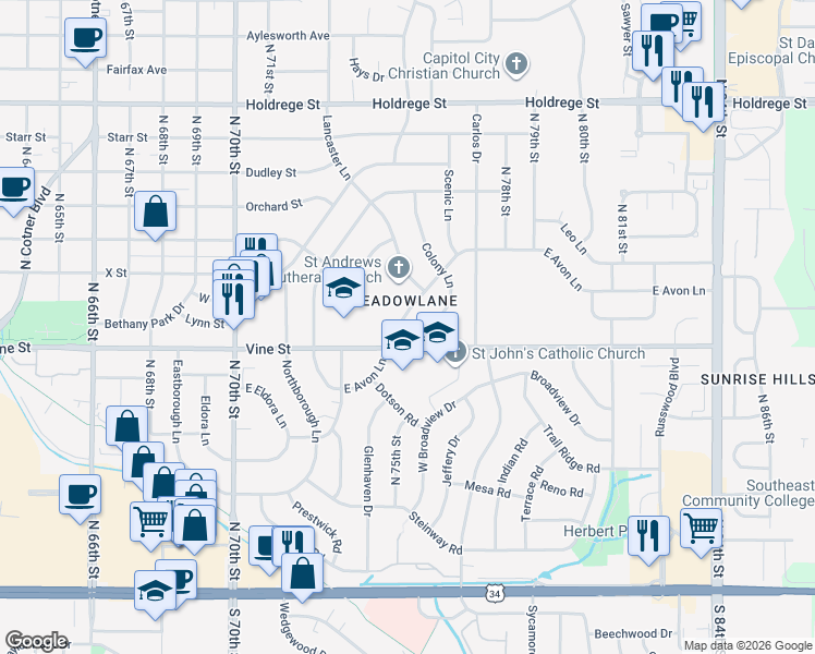 map of restaurants, bars, coffee shops, grocery stores, and more near 7520 Vine Street in Lincoln