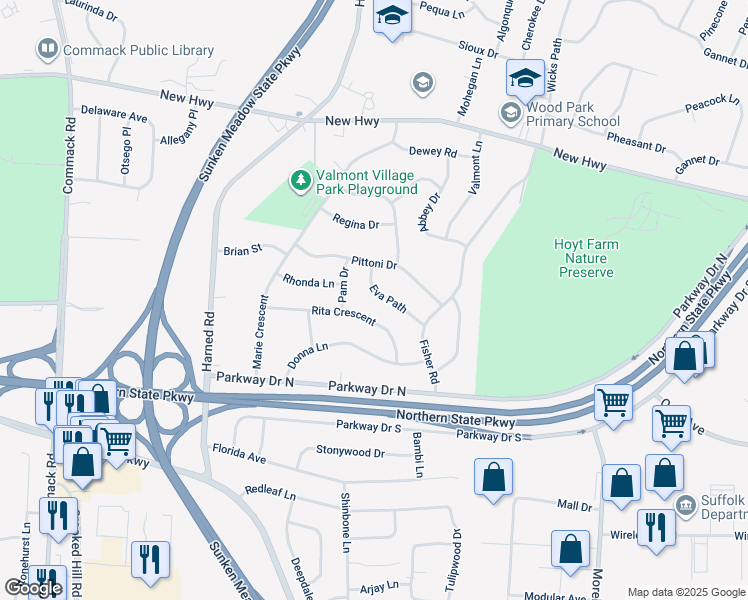 map of restaurants, bars, coffee shops, grocery stores, and more near 16 Eva Path in Commack