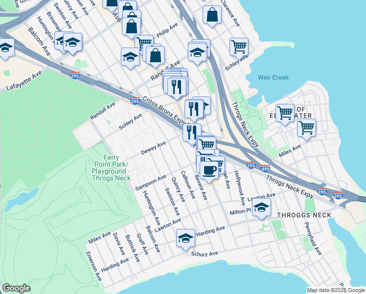 map of restaurants, bars, coffee shops, grocery stores, and more near 423 Revere Avenue in Bronx