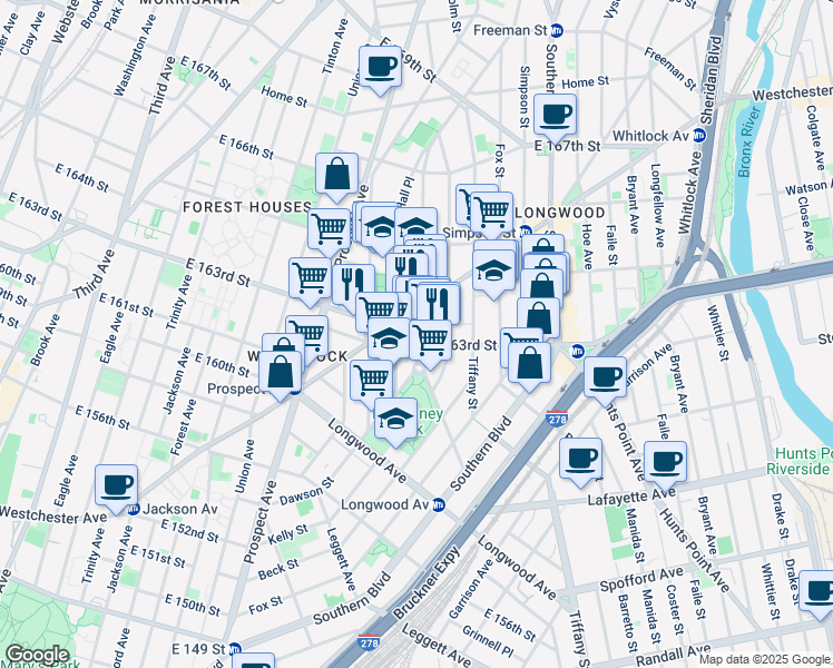 map of restaurants, bars, coffee shops, grocery stores, and more near 919e East 163rd Street in Bronx