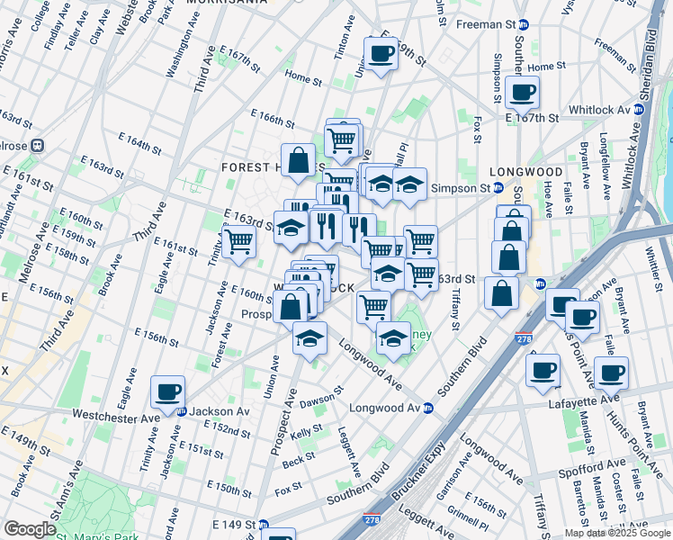 map of restaurants, bars, coffee shops, grocery stores, and more near 900 Prospect Avenue in Bronx