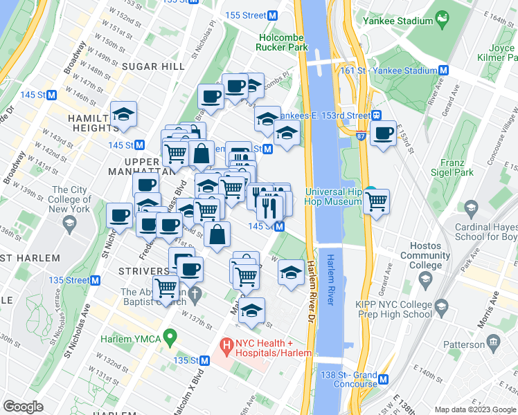 map of restaurants, bars, coffee shops, grocery stores, and more near 128 West 145th Street in New York