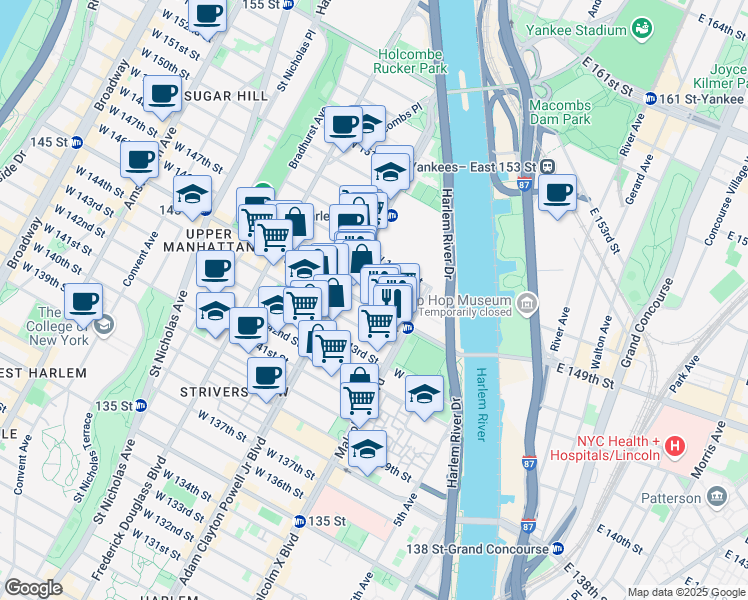 map of restaurants, bars, coffee shops, grocery stores, and more near 128 West 145th Street in New York