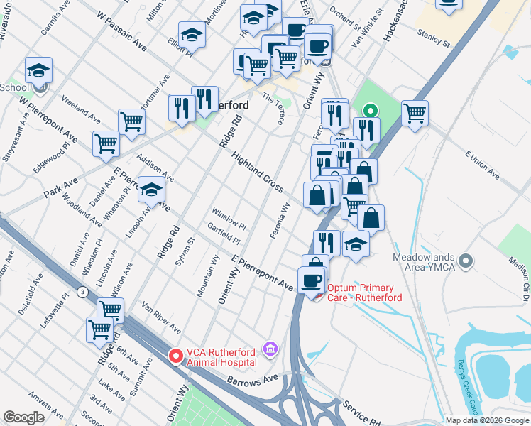 map of restaurants, bars, coffee shops, grocery stores, and more near 199 Orient Way in Rutherford