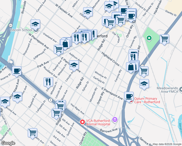 map of restaurants, bars, coffee shops, grocery stores, and more near 185 Ridge Road in Rutherford