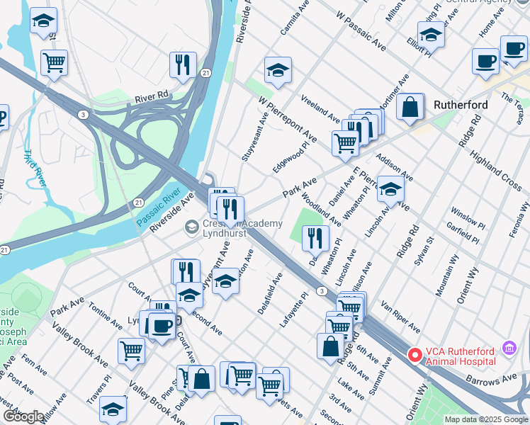 map of restaurants, bars, coffee shops, grocery stores, and more near 401 Park Avenue in Rutherford