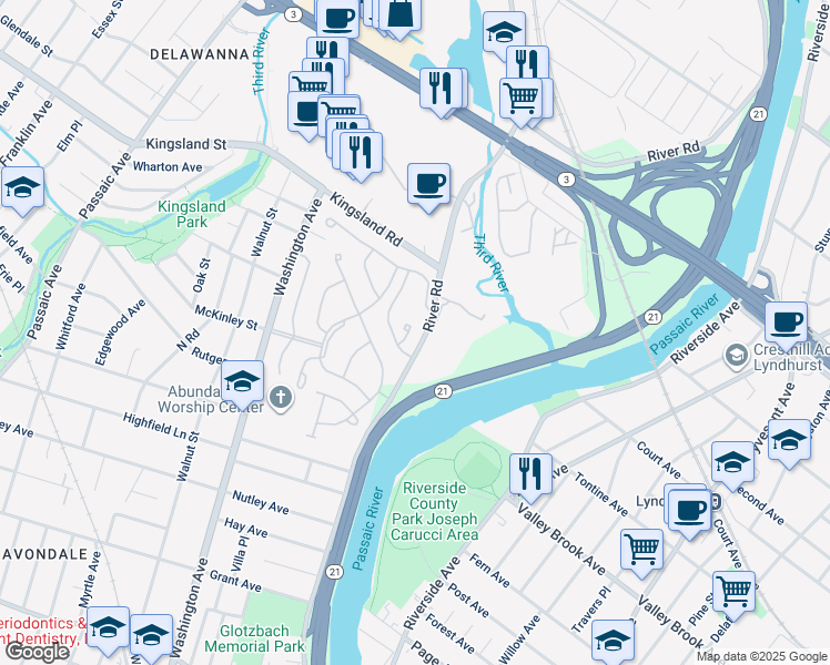 map of restaurants, bars, coffee shops, grocery stores, and more near 581 Brittany Circle in Nutley