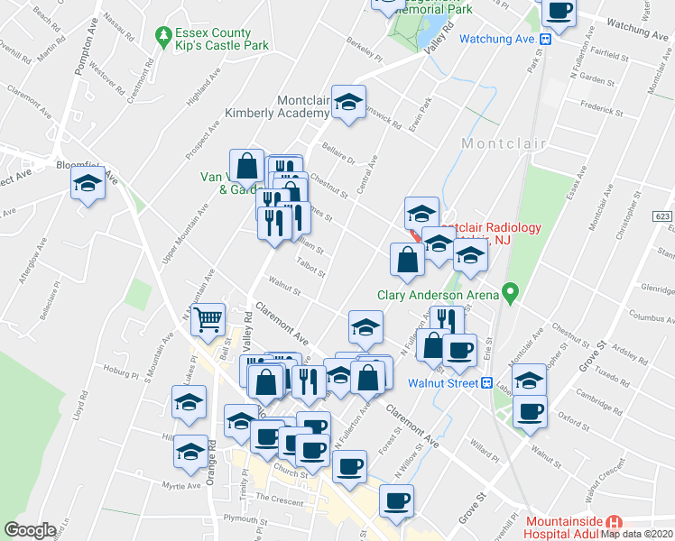 map of restaurants, bars, coffee shops, grocery stores, and more near 15 Central Avenue in Montclair