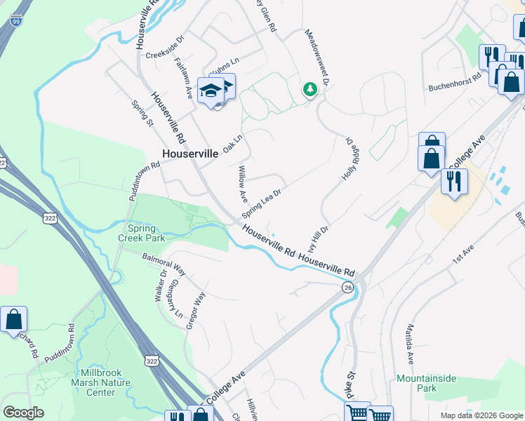 map of restaurants, bars, coffee shops, grocery stores, and more near 170-318 Spring Lea Drive in State College