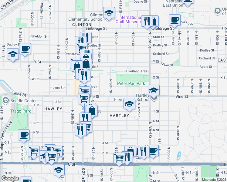 map of restaurants, bars, coffee shops, grocery stores, and more near 3014 Vine Street in Lincoln
