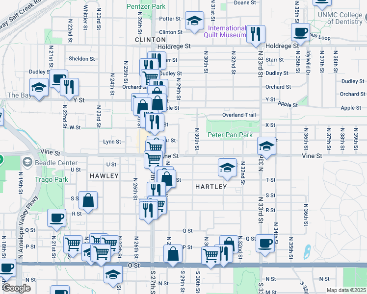 map of restaurants, bars, coffee shops, grocery stores, and more near 2916 Vine Street in Lincoln