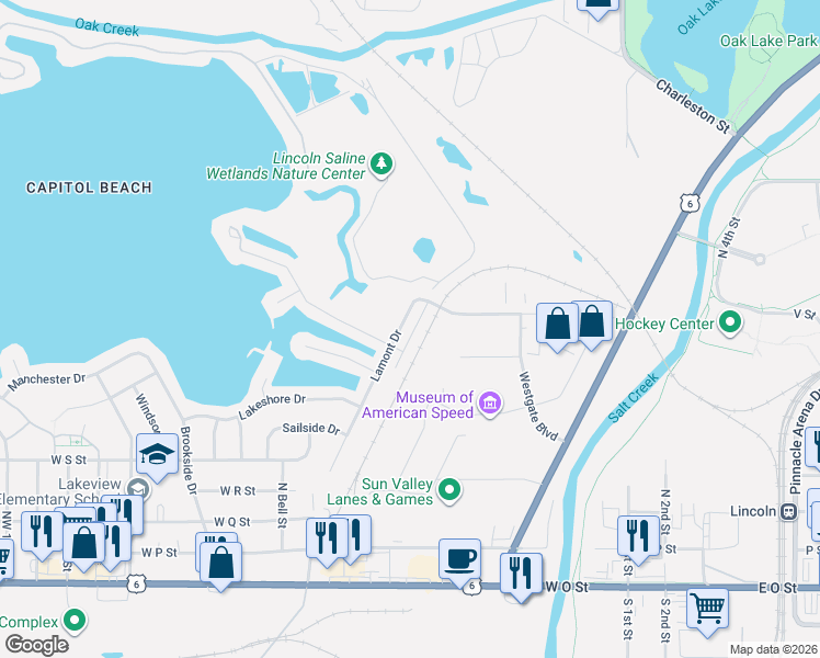 map of restaurants, bars, coffee shops, grocery stores, and more near 808 Lamont Drive in Lincoln