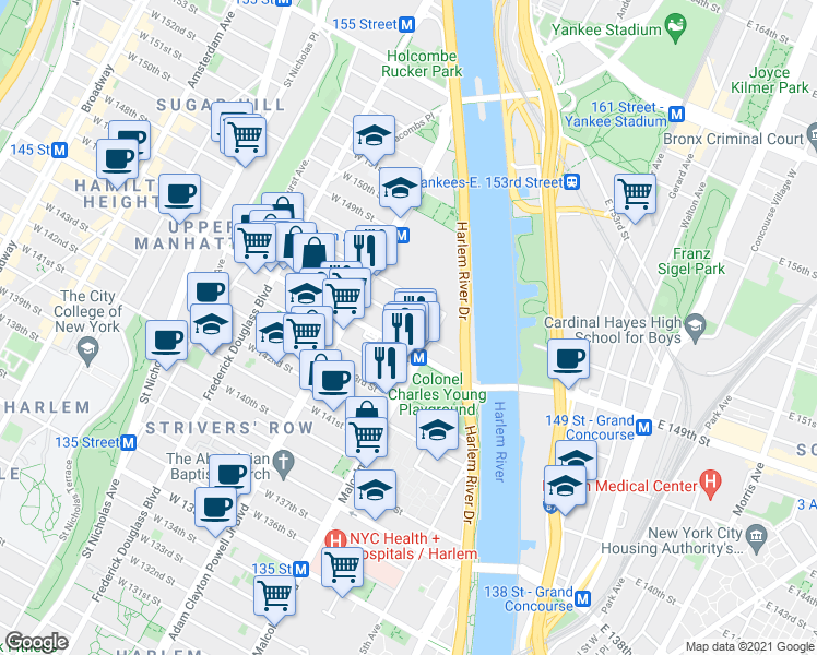 map of restaurants, bars, coffee shops, grocery stores, and more near 110 West 146th Street in New York