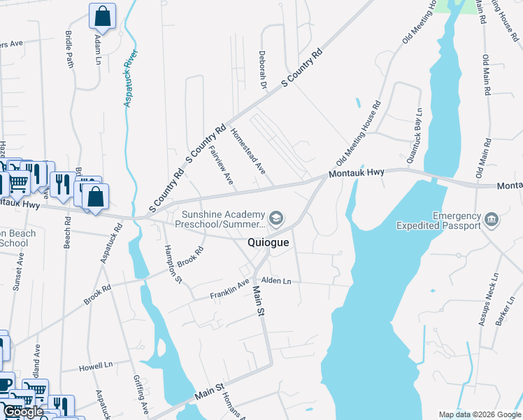 map of restaurants, bars, coffee shops, grocery stores, and more near 515 Montauk Highway in East Quogue