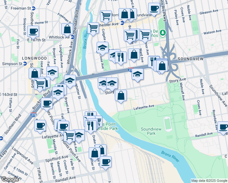 map of restaurants, bars, coffee shops, grocery stores, and more near Story Ave & Colgate Ave in Bronx